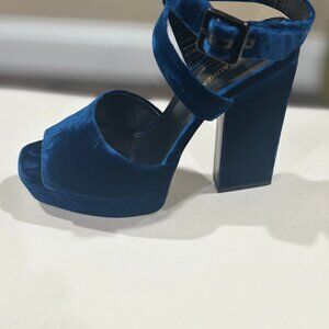 Saint Laurent Navy Blue Debbie Velvet Cross Platform Block Heel Sandals Bluette.
